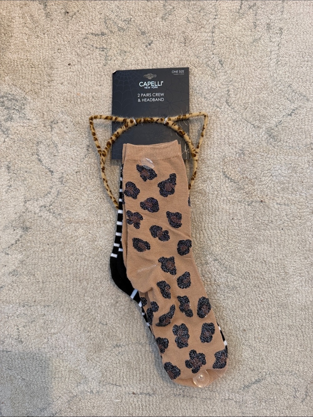 Capelli of New York Tan Leopard & Black Stripe Crew Socks with Leopard Headband